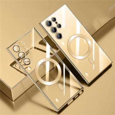 Imagem de MVVKKY Capa de carregamento magnética sem fio revestida à prova de choque para Samsung S23 Ultra S23 S22Ultra S21 Plus Tampa traseira de vidro com lente transparente, dourada, para Samsung S21