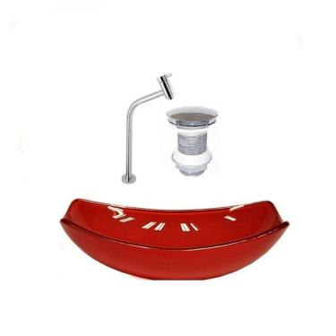 Imagem de Kit Cuba de Vidro + Torneira para Lavatório Oval Chanfrada 46cm Vermelho Cereja