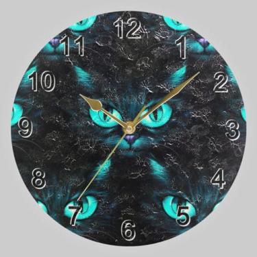 Imagem de CHIFIGNO Relógio circular redondo de gato preto com olho azul, relógio de parede alimentado por bateria decorações relógio de parede cozinha relógios de parede operados por bateria