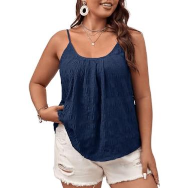 Imagem de MakeMeChic Camiseta feminina plus size plissada com alças finas casual sem mangas, Azul marinho, G Plus Size