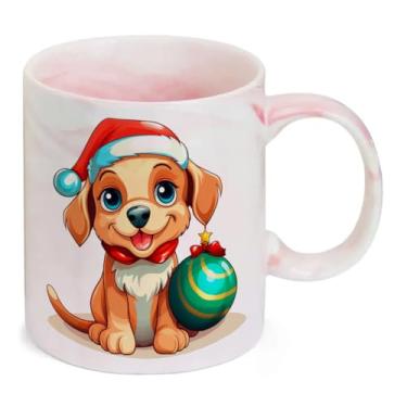 Imagem de Caneca Marmorizada Rosa cachorro papai noel bola sentado