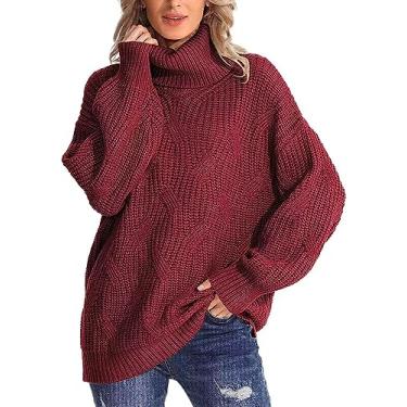 Imagem de Suéter feminino casual de malha de cor sólida pulôver de manga comprida suéter de gola rolê, Vermelho, GG