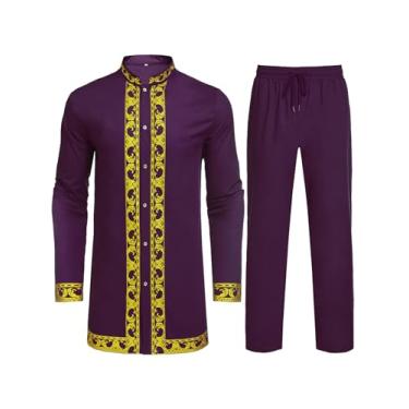 Imagem de Daupanzees Conjunto de 2 peças africano masculino de luxo tradicional com estampa dourada Dashiki camisa e calça, Roxa, G