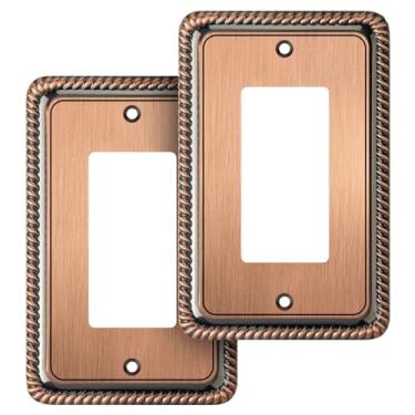 Imagem de Placa decorativa de parede com borda de corda, tampa de tomada de placa de interruptor, bronze envelhecido (decorador único, pacote com 2 unidades, cobre antigo)