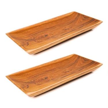 Imagem de Rainforest Bowls Conjunto de 2 pequenos pratos retangulares de madeira de teca javanesa - 25,4 x 12,7 cm - perfeitos para uso diário - adequado para quente e frio, ultraduráveis, pratos de madeira