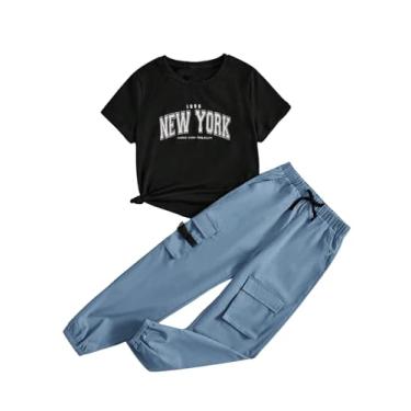 Imagem de SOLY HUX Conjunto de 2 peças de camiseta de manga curta e calça cargo para meninas, Preto e azul empoeirado, 10 Anos