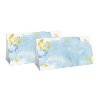 Imagem de Cartão de mesa para chá de bebê, conjunto de 25 cartões de barraca com design de lua e estrelas, cartões de nome editáveis para assento de mesa, etiquetas de comida de festa do pijama, decorações de