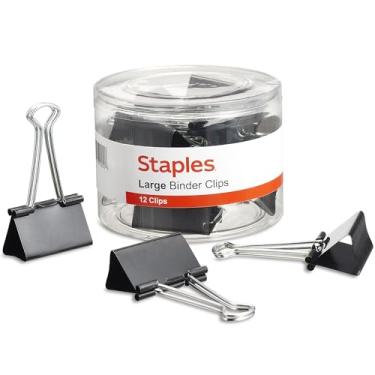 Imagem de Staples Clipes de papel para fichário, capacidade de 2,5 cm, grande, pacote com 12, preto