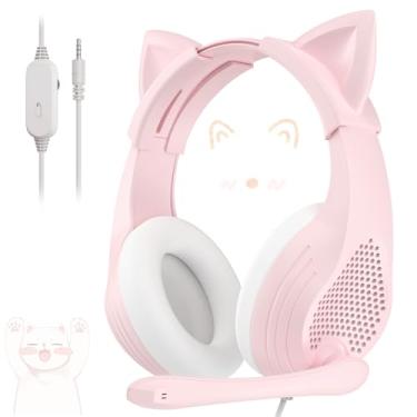 Imagem de Anivia Fone de ouvido rosa para jogos com microfone para PC, computador, iOS, Mac, PS4, PS5, Xbox One, som surround 3D, almofada de espuma viscoelástica macia, fones de ouvido com fio com microfone
