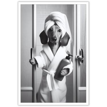 Imagem de ADRHGCY Tela Engraçado Bonito Dachshund Cartazes Petshop Dog Wall Art Animal In WC Dachshund Cachorro Segurando Chuveiro Gel Impressões Pintura Para Banheiro Casa Quarto Dormitório Decoração 30 x 40