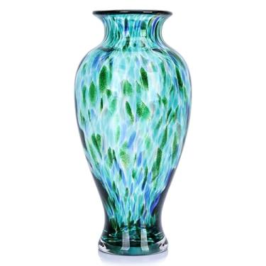 Imagem de Vaso de vidro soprado à mão 30 cm de altura, lindo vaso de botão de boca larga turquesa para mesa central, vasos de flores de vidro murano colorido pintado para - entrada em casa e centro de casamento