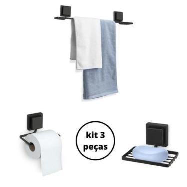 Imagem de Kit Banheiro Saboneteira Papeleira Toalheiro Inox Preto Fixação Fita 3