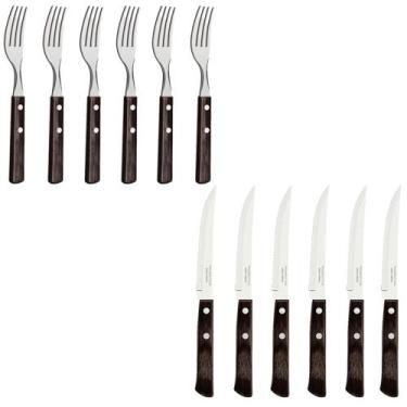 Imagem de Kit Garfos e Facas Polywood Castanho Aço Inox 6 Peças Cada Almoço Jant