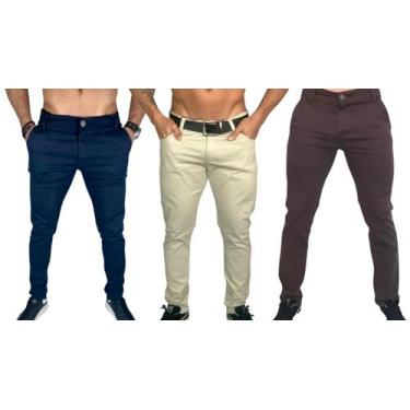 Imagem de Kit 3 calça jeans masculina com elastano slim bege claro azul marinho 