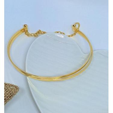 Imagem de Colar Choker Feminino Elo Aro Duplo Liso Metal Ajustável Folheado Ouro