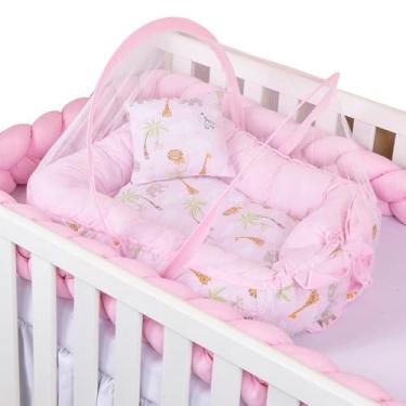 Imagem de Ninho Redutor de Berço Para Bebê Com Mosquiteiro Safari Rosa