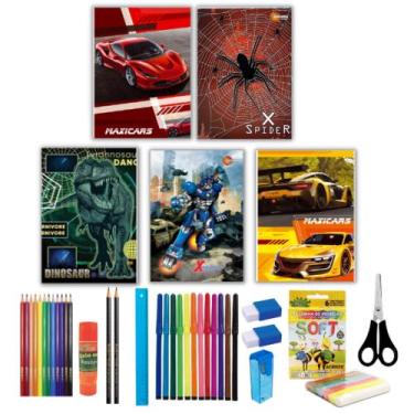 Imagem de Kit 5 Cadernos Brochura Menino Material Escolar + Acessórios - Maxima 