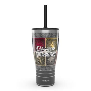 Imagem de Tervis Copo de viagem Traveler Game of Thrones - House Sigils com isolamento térmico de parede tripla mantém as bebidas frias e quentes, 850 g com tampa de palha, aço inoxidável