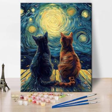 Imagem de TUMOVO Pintura de gato por número, dois gatos sentados no cais com visual céu estrelado kits de pintura por número, pintura abstrata por números, pintura a óleo faça você mesmo com pincéis e pigmento,