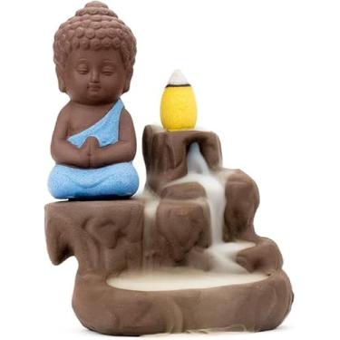 Imagem de Queimador de incenso feito à mão com cascata de cerâmica | com 8 cones de incenso | Suporte de estátua de Buda incenso Zen Queimador de refluxo para decoração de casa (azul)