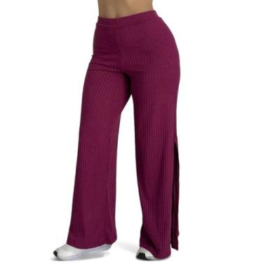 Imagem de Calça Feminina Wide Leg Pantalona Cintura Alta Tecido Canelado com Fen