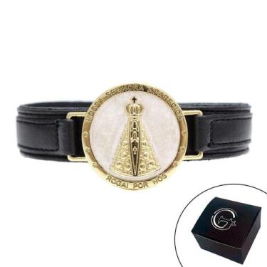 Imagem de Pulseira de Couro Preta N.Sra Aparecida Fundo Madrepérola - GRANADO AC