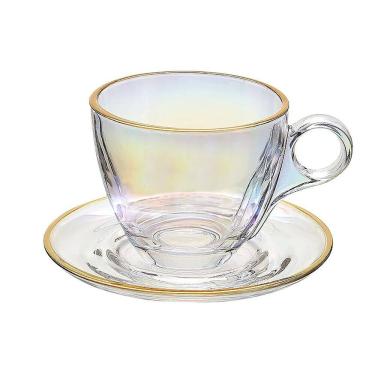 Imagem de Conjunto 4 Xícaras de Café com Pires Borda Dourada Linha Cristal Premium Transparente 85ml JGXC091RB - Hauskraft