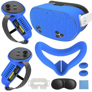 Imagem de Conjunto de capa protetora de silicone 7 em 1 para acessórios Meta Quest 3s, inclui alças de controle de abertura de bateria, capa de silicone VR e capa (listra-azul)