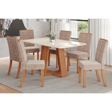 Imagem de Conjunto: Mesa Sala Jantar Lins c/ Tampo Madeirado c/ Vidro Curvo 160x90cm e 6 Cadeiras Esther Nature/Linho Creme - Henn
