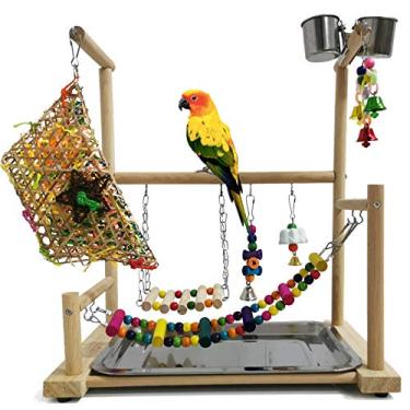 Imagem de kathson Parrot Playstand Bird Playground Conures para brincar de madeira, cercadinho de academia, escada, periquitos, acessórios de gaiola com balanços, copos alimentadores para cacatuas, Lovebirds