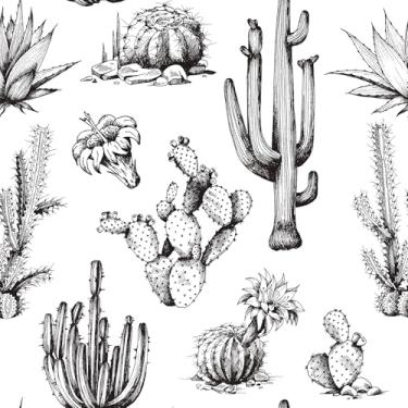 Imagem de Livelynine Papel de parede de cacto de 44,5 x 701 cm Descasque e cole papel de parede ocidental preto e branco para quarto cozinha paredes suculentas planta locatário amigável papel de contato preto e