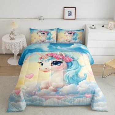 Imagem de Manfei Jogo de cama solteiro de unicórnio, adorável animal de fada, nuvens, graffiti, decoração de quarto de crianças, meninas, adultos, desenho animado, com enchimento macio, 1 fronha