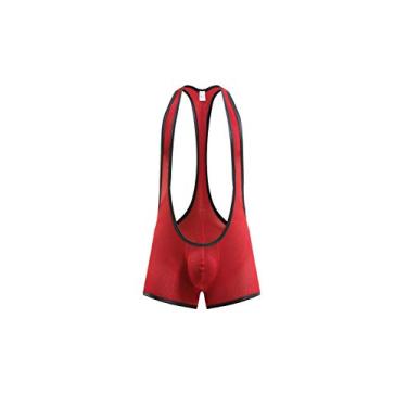Imagem de Swbreety Body masculino de malha de peça única Jockstrap para luta livre, Vermelho, M