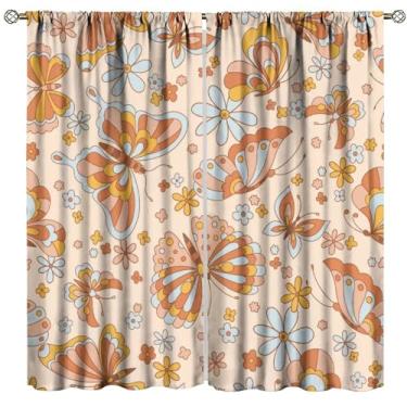 Imagem de Cortinas florais retrô dos anos 70 e 60, hippie, verão, borboleta, flor, poderosa, boho, blecaute, para quarto, sala de estar, cozinha, café, decoração (L53 x C 163 cm) x 2 painéis