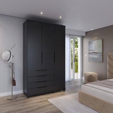 Imagem de Guarda-roupa Solteiro 3 Portas 4 Gavetas 100% Mdf Allen 136,9 Cm Preto Fosco