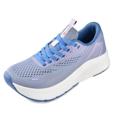 Imagem de JACKSHIBO Sapatos femininos com bico largo, suporte de arco, tênis para corrida, caminhada, atlético, ortopédico, fascite plantar, treino, com almofada grossa, sola de gota zero, Roxa, 9.5 Wide
