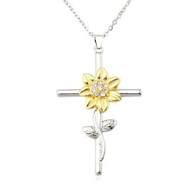 Imagem de YangQian Colar feminino de girassol com pingente de cruz de prata para mulheres, colares de girassol para mulheres, colar banhado a ouro 14 k, Small, Zinco, Sem Pedra Preciosa