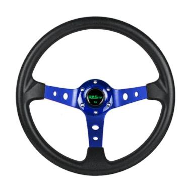 Imagem de RASTP Volante universal de corrida, volante de prato profundo 13,8"/350 mm 6 parafusos aderência vinil couro e alumínio com botão de buzina para carro - azul