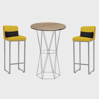 Imagem de Kit Mesa Bistrô Flork e 2 Banqueta Lucca Tampo Freijó Ferro Cinza Sintético Amarelo e Almofada Preto - Ahazzo Móveis
