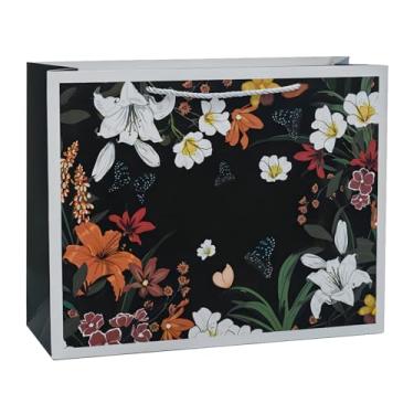 Imagem de HANSWARE Pacote com 4 sacos de presente pretos médios de 24,4 cm com alças, sacos de presente de flores vintage para presentes fofos para dia dos namorados, casamento, Páscoa, Natal, chá de bebê,