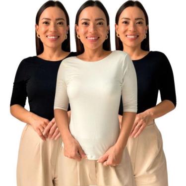 Imagem de Kit 3 Blusas Feminina Manga 3/4 com Abertura nas Costas - Maranne, Kit