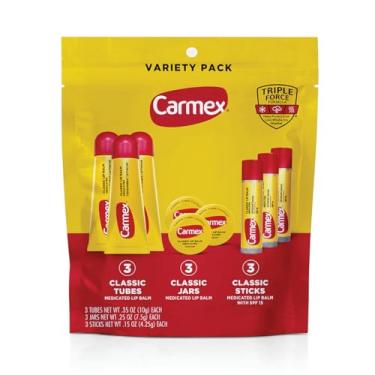 Imagem de Carmex Pacote De Bálsamo Labial Clássico, Hidratante Labial Para Lábios Rachados, Pacote Variado Com 9 Unidades (3 Tubos, 3 Bastões, 3 Potes)