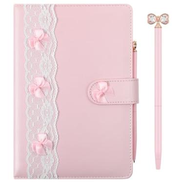 Imagem de Thenshop Conjunto de 3 peças de caderno de laço rosa Coquete A5 rosa renda couro diário livro com laço de cristal caneta e caixa coquete estética preppy diários de formatura presente de aniversário