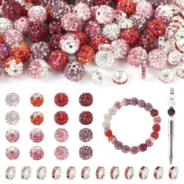 Imagem de Spritewelry 100 peças de contas de argila de strass de 10 mm coloridas rosa redondas pavimentadas contas de discoteca brilhantes brilhantes contas espaçadoras redondas planas para fabricação de joias