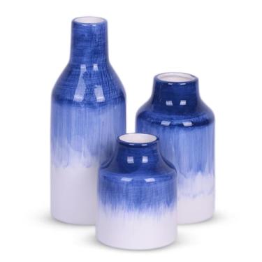 Imagem de Conjunto de 3 vasos de cerâmica azul e branco - Conjunto de 3 vasos de flores azuis rústicos para casa minimalista moderna e minimalista para decoração de casa de jantar e mesa de jantar (azul branco)