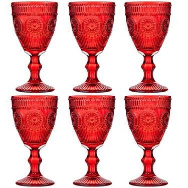 Imagem de Conjunto de 6 taças de vinho vintage vermelhas, taças de água de vidro colorido de 293 ml, padrão floral exclusivo em relevo, vidro de haste alta transparente, para festa de casamento, bar, copos