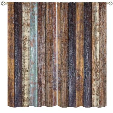 Imagem de Yoakiet Cortinas de madeira rústica, tábuas marrons retrô de fazenda, fazenda, madeira, fazenda, impressões rústicas, blecaute, bolso para varão, tratamentos de janela, cortinas para quarto, sala de