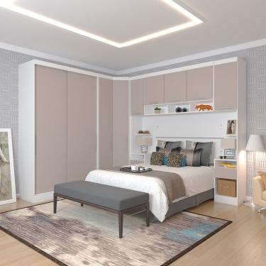 Imagem de Quarto De Canto Casal Com Guarda Roupas Cabeceira E Mesas De Cabeceira Alpes Luciane Móveis Branco Pf Com Cinammon Pf