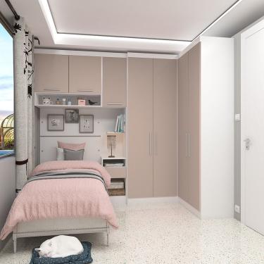 Imagem de Quarto De Canto Solteiro Com Guarda Roupas Cabeceira E Mesa De Cabeceira Alpes Luciane Móveis Branco Pf Com Cinammon Pf