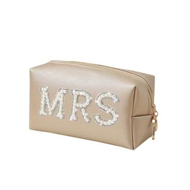 Imagem de owiter Mrs Cosmetic Bolsa grande - Remendo branco Varsity Letter MRS Higiene Pessoal Big Bag Pérola Strass Letras Remendos Grande Maquiagem PU CB002, Dourado, Casamento